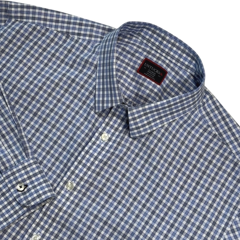 UNTUCKit Mens XL Blue Gingham Check Cotton Dress Shirt Regular‎ Fit Long Sleeve